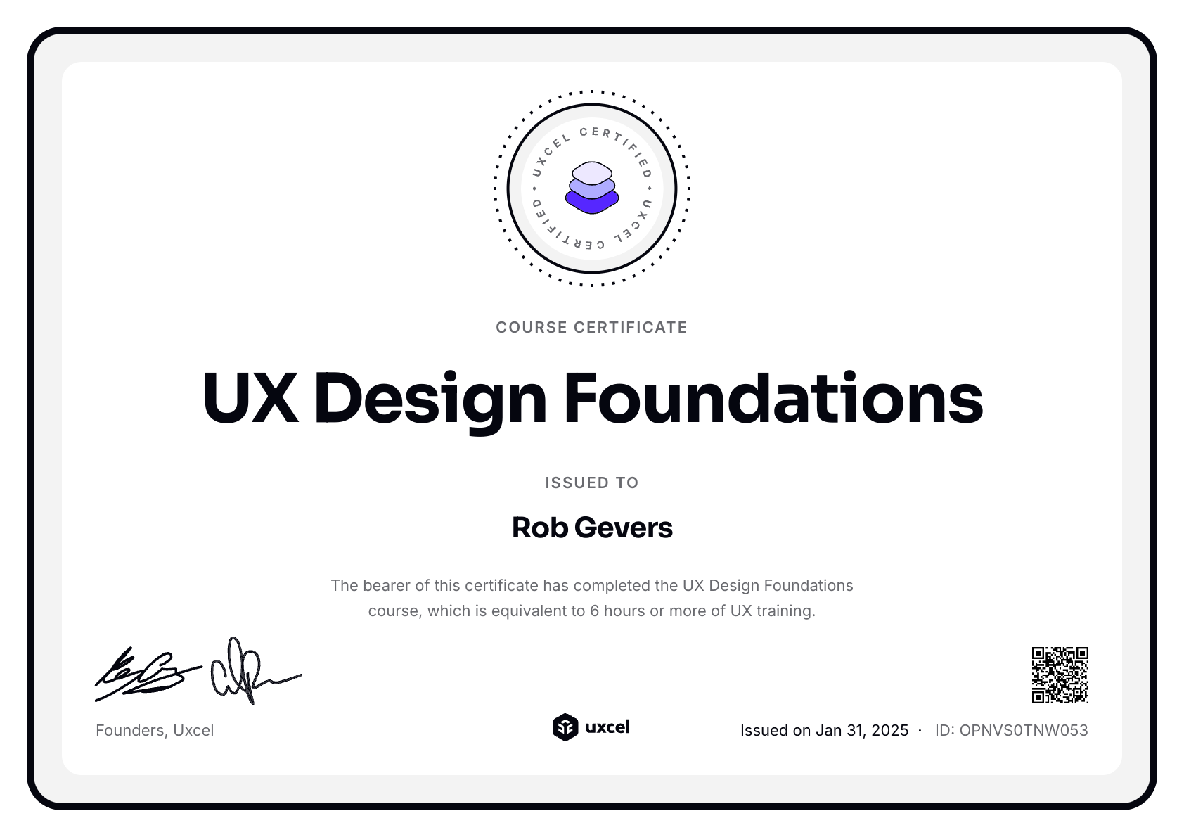 Rob Gevers's certificate